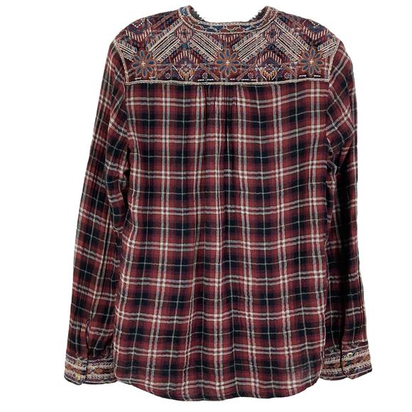 JOHNNY WAS WORKSHOP Shirt M Floral Embroidery Plaid Long Sleeve Button - Picture 3 of 12